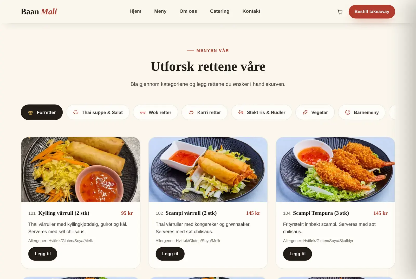Screenshot of the menu on the Baan Mali website.