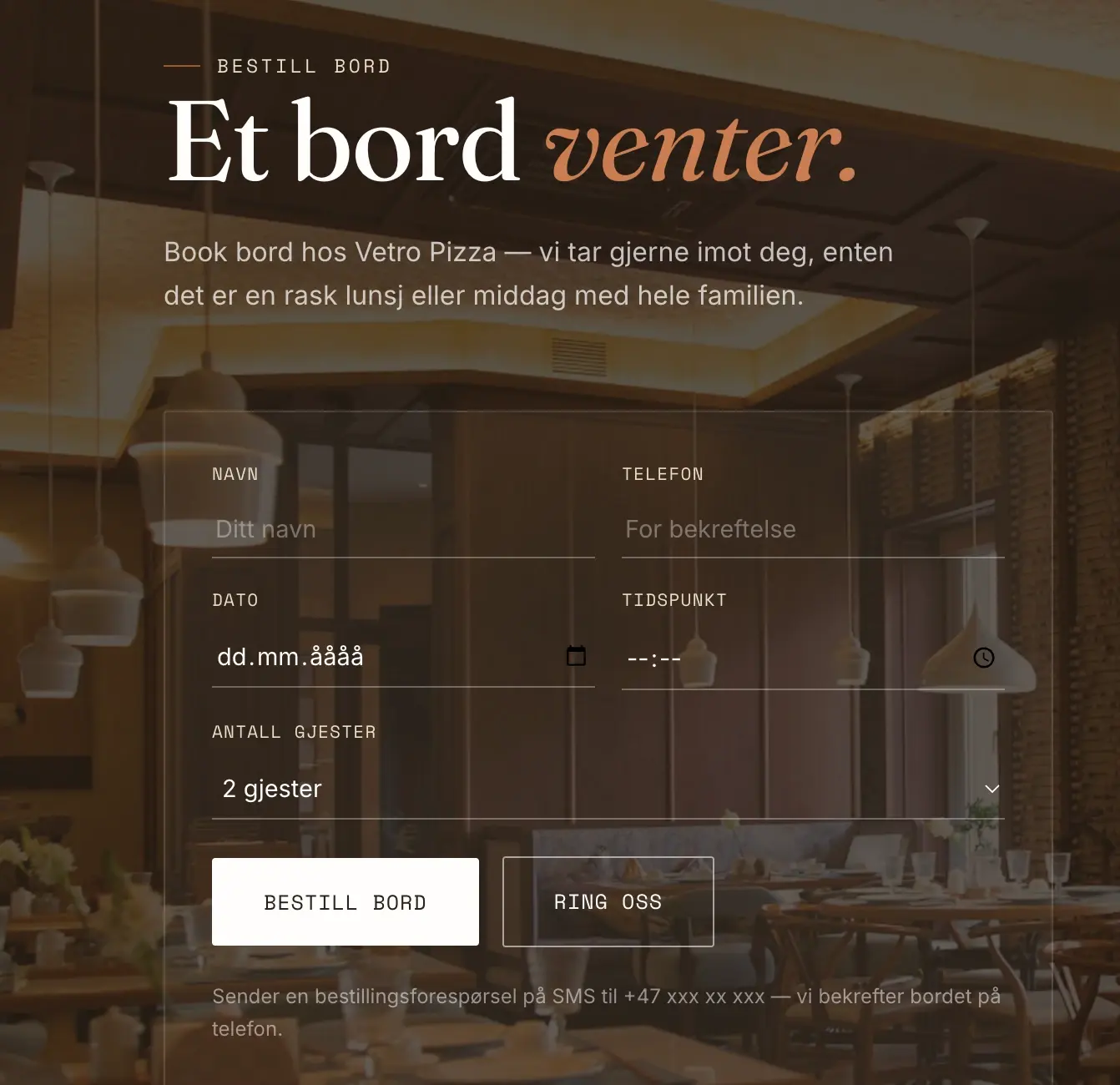 Screenshot of table booking on the Vetro Pizza website.