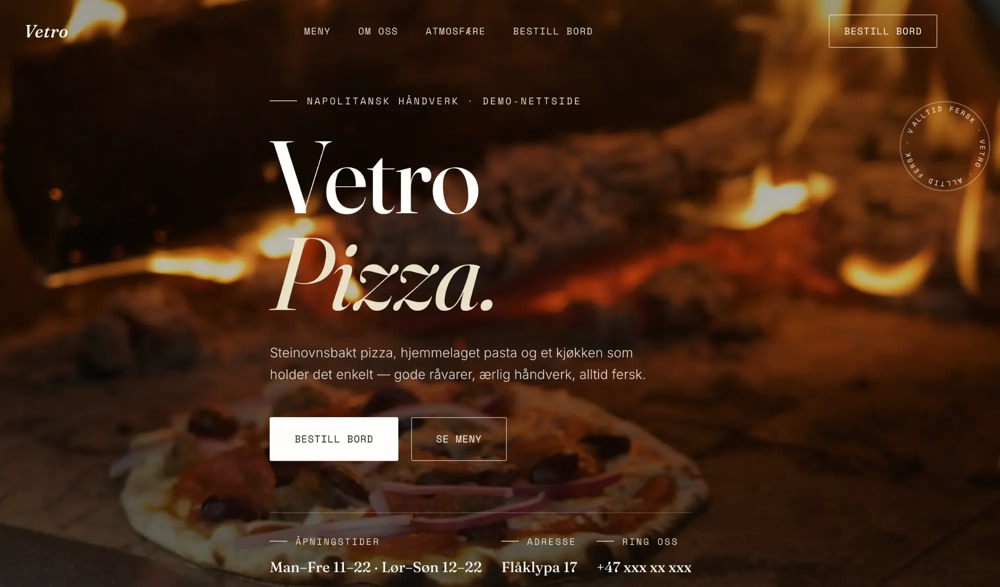 Screenshot of the Vetro Pizza concept demo, made by Mangset Digital.